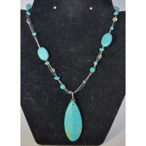Corded Turquoise Stone and Mermaid Irredescent Bead Pendant Necklace 16 inch
